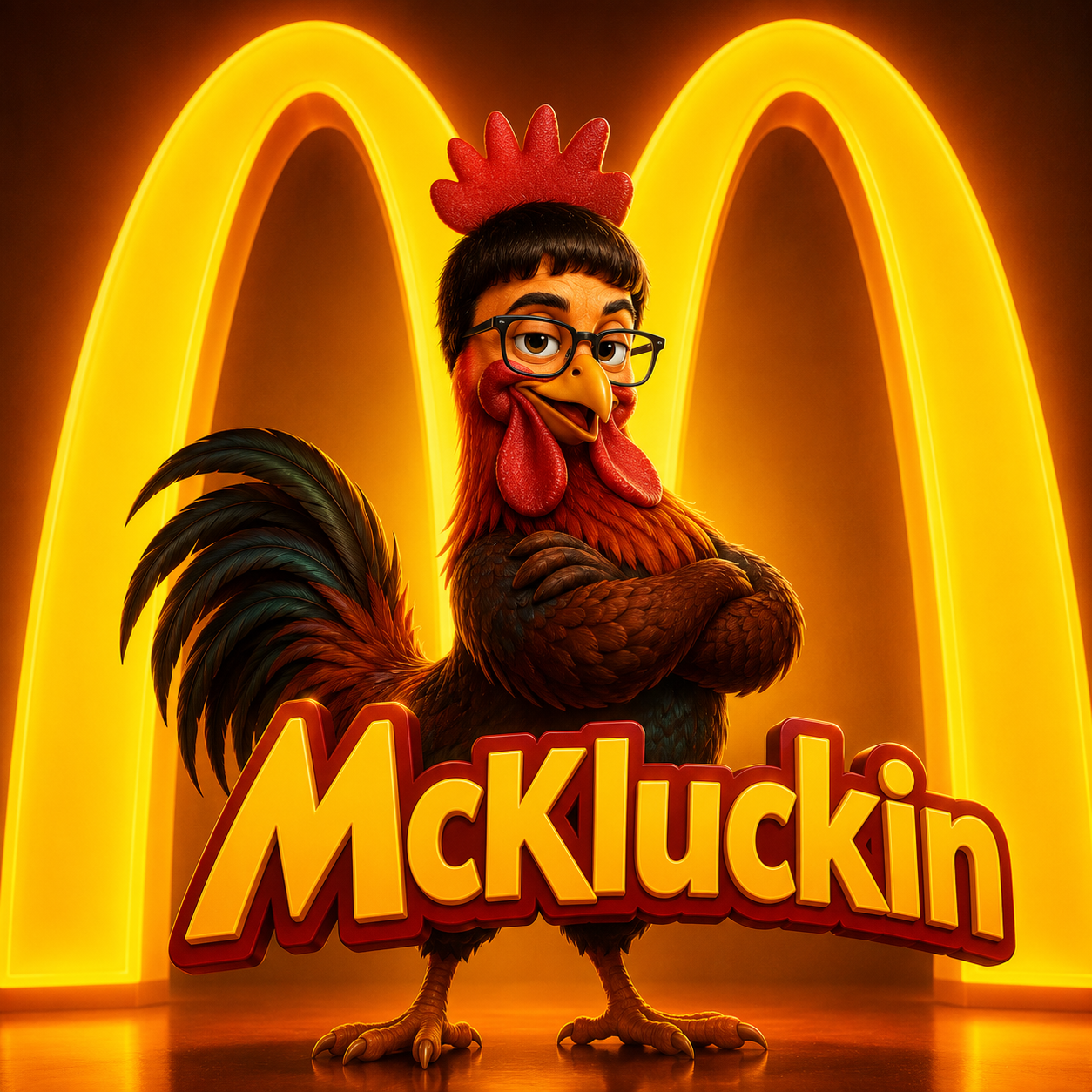 McKluckin mascot in front of glowing golden arches