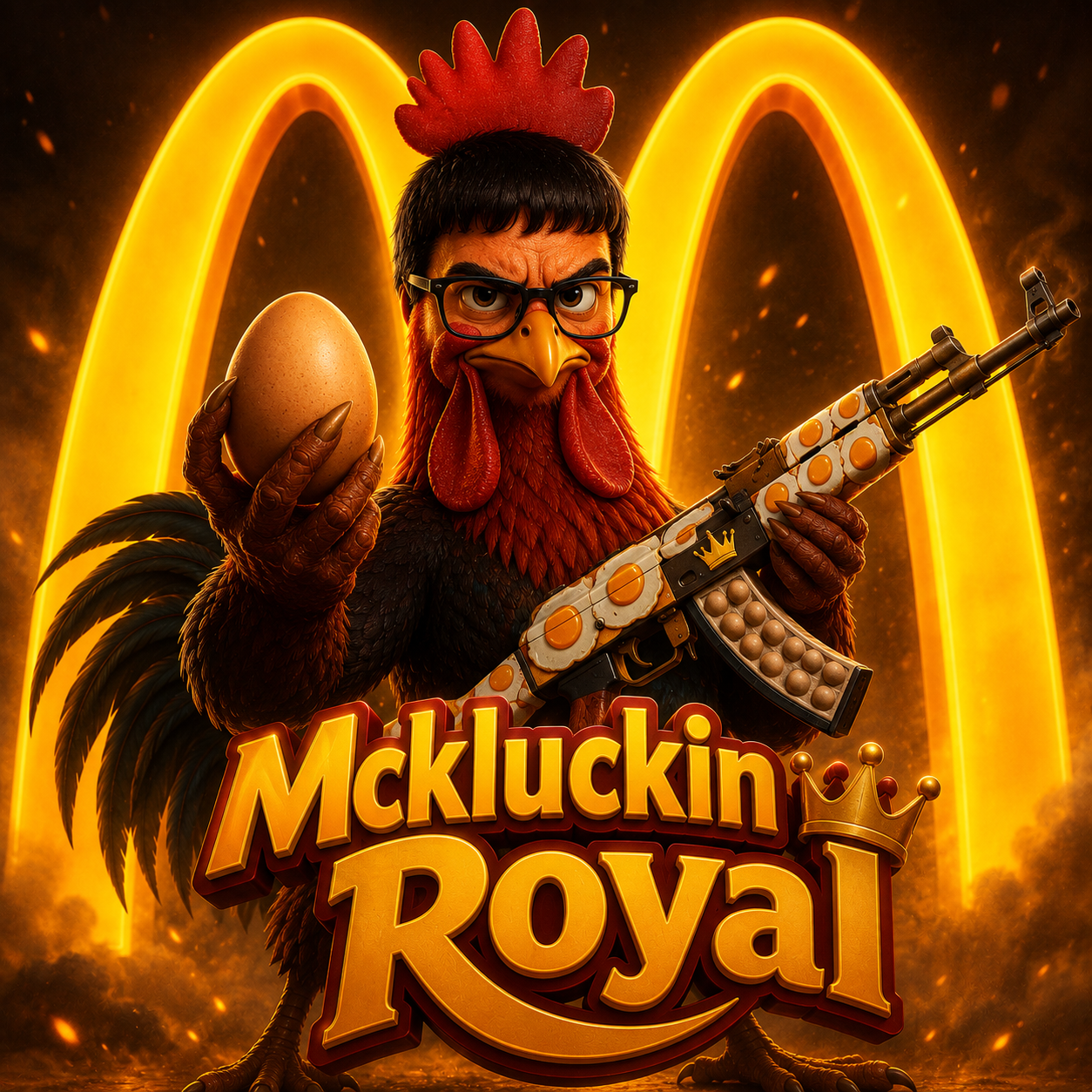 McKluckin Royal key art — battle-ready McKluckin with the egg blaster
