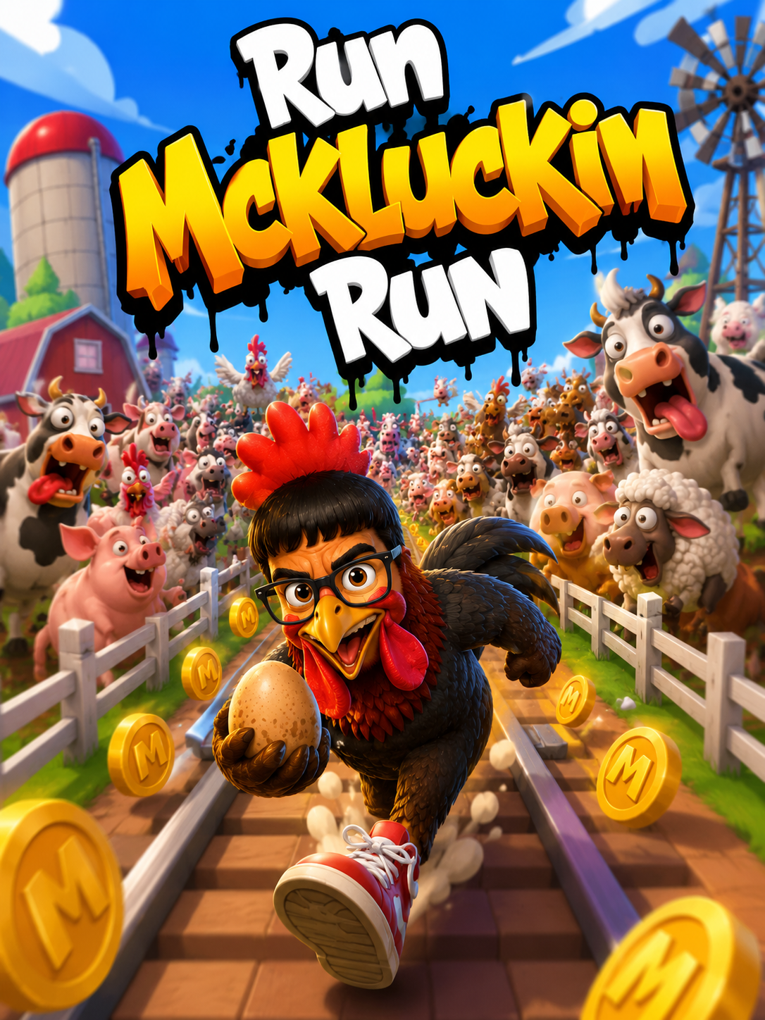 Run McKluckin Run key art — McKluckin sprinting with an egg while the farm stampedes behind